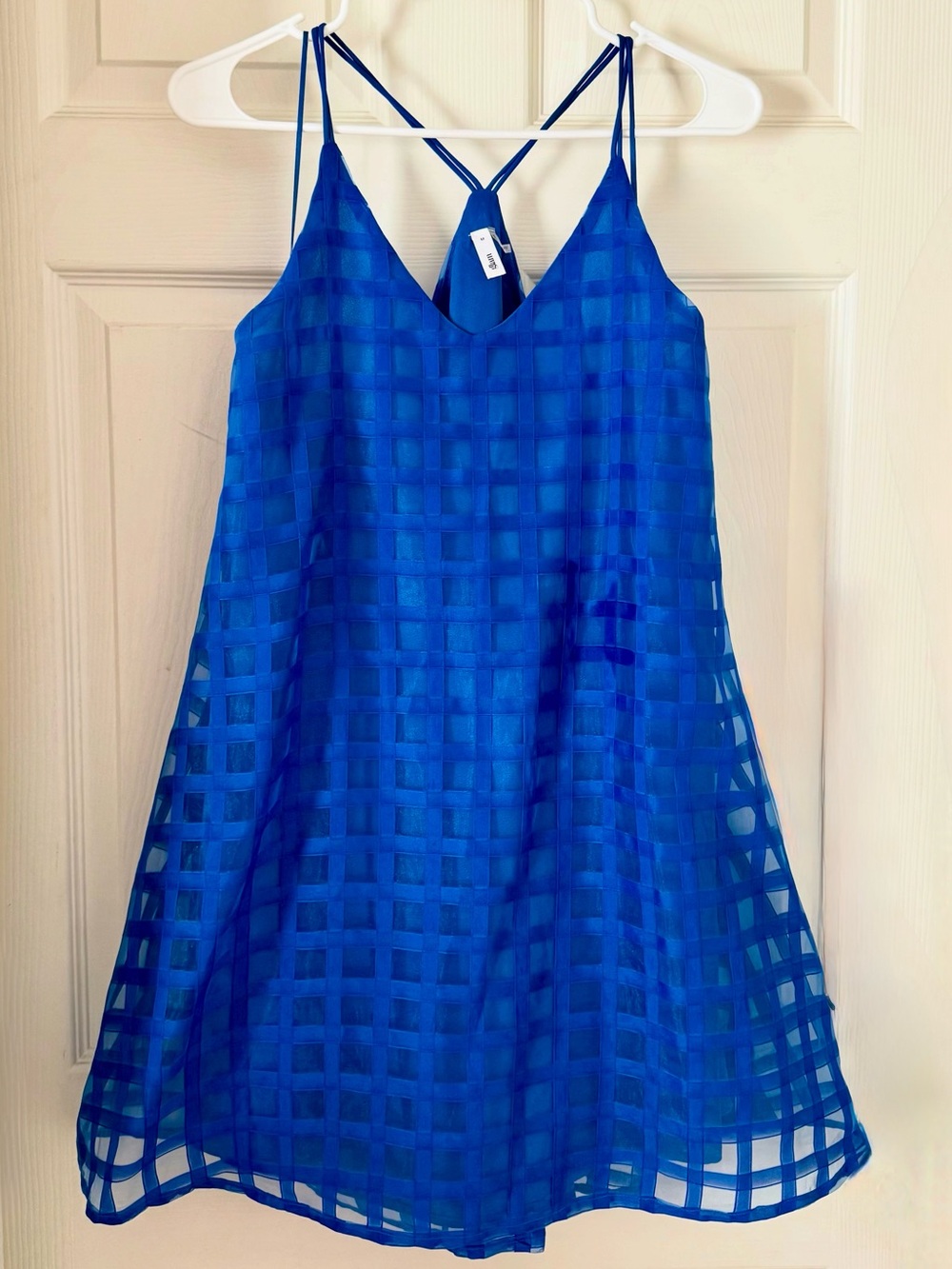 Glam Royal Blue Grid Windowpane Organza Cami Mini Dress Medium Strappy